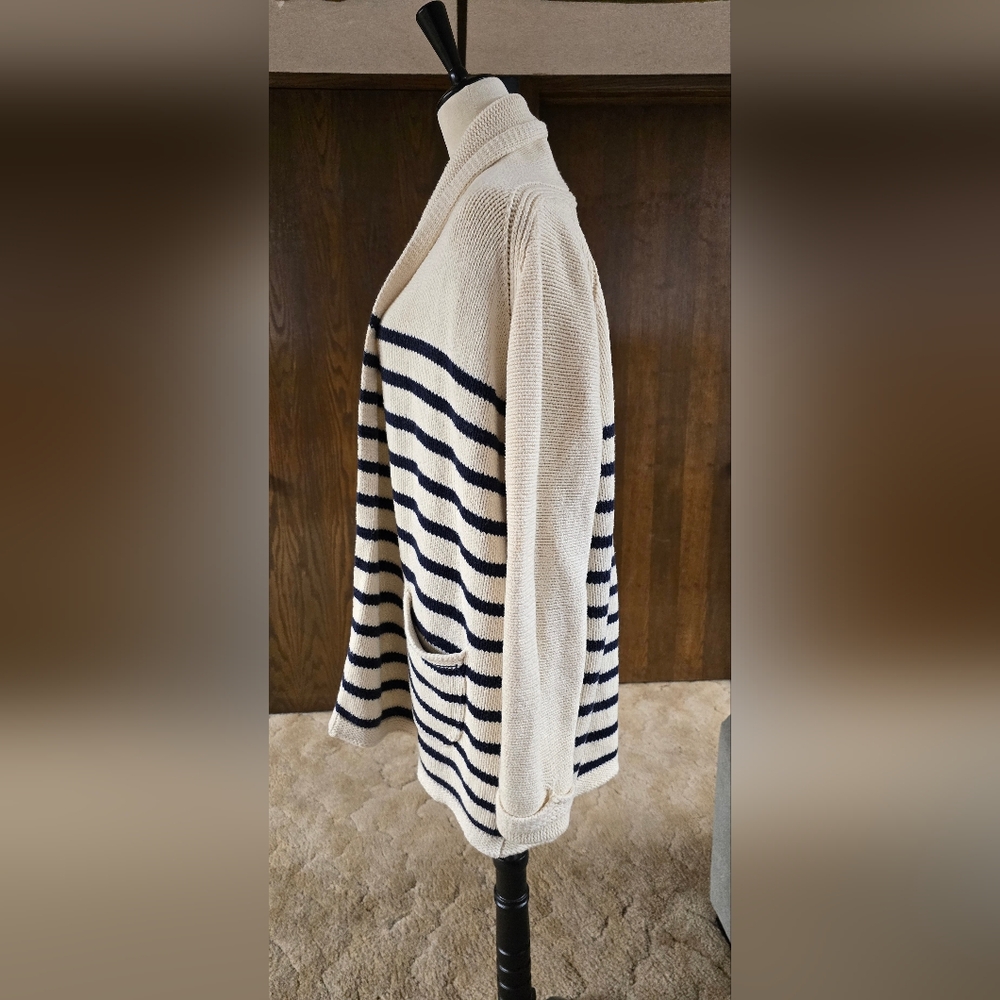 J. CREW Cream and Navy Shawl-Collar Striped Cardigan, Sz L - Picture 7 of 14